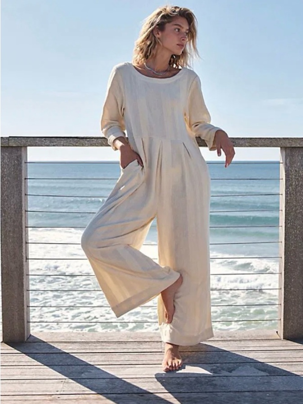 Free People Shiloh Cotton & Linen Jumpsuit Color Neutral Size XS